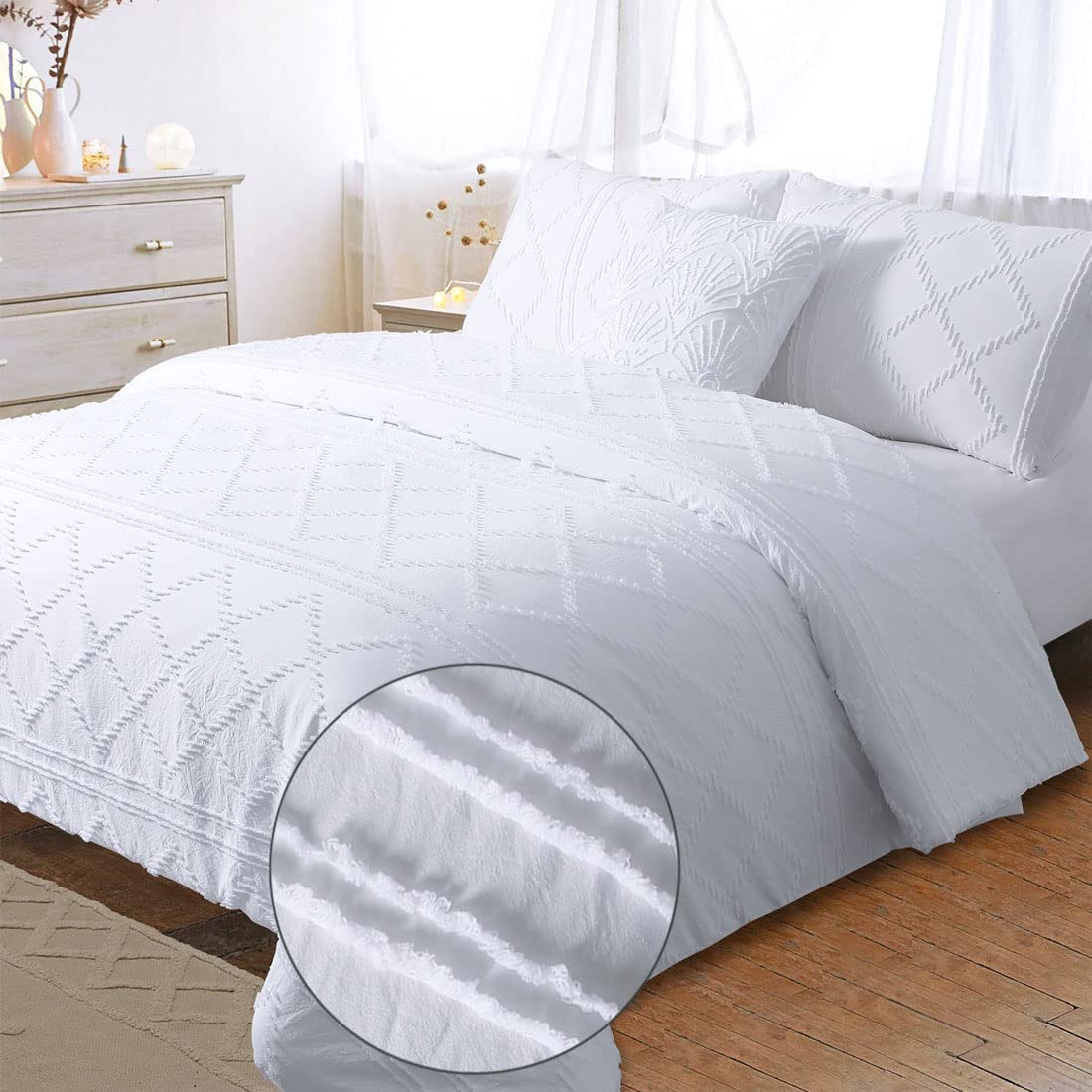 Price:$39.99  White Duvet Cover King Boho Textured Tufted Diamond Shabby Chic Farmhouse Moroccan Clipped Fringed Bohemian Jacquard Bedding Set 104x90 : Home & Kitchen