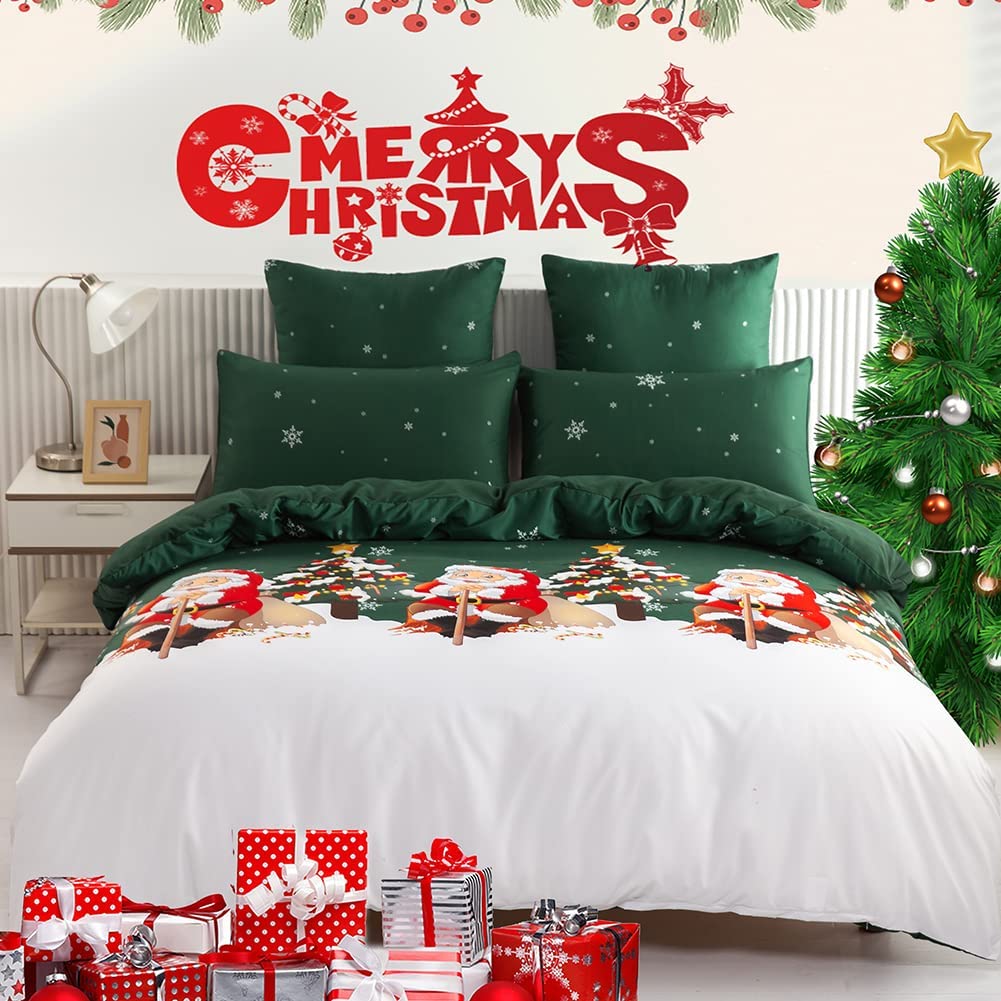 Price:$43.99  Christmas Duvet Cover Set Queen Santa Claus Christmas Tree Snowflake Printed Pattern on Dark Green Reversible Solid Color Microfiber Bedding Duvet Cover and Zipper Ties : Everything Else