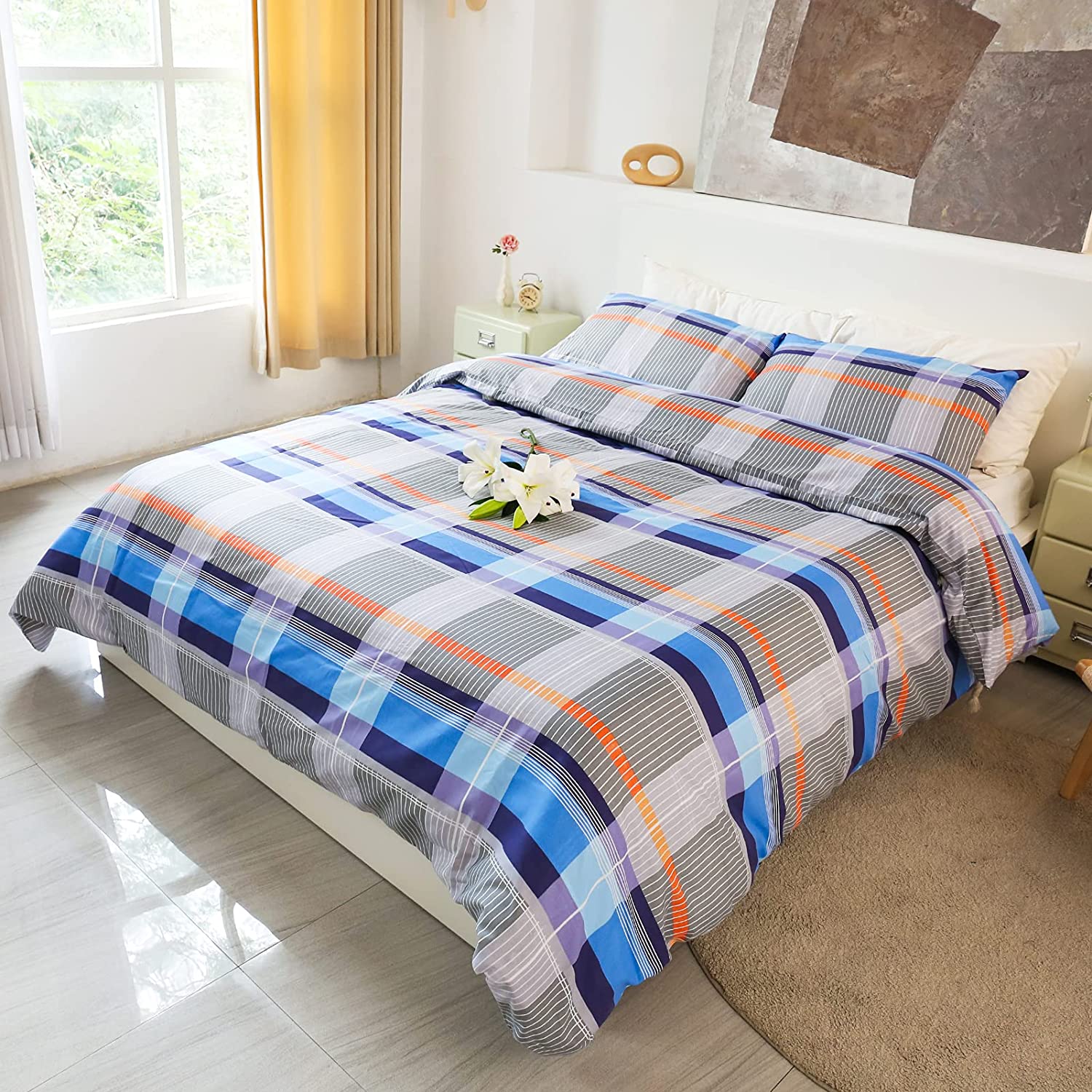 Price:$34.99  Duvet Cover Set 100% Washed Cotton,3 Pieces (1 Duvet Cover & 2 Pillow Sham),Gray,Soft Breathable Washed Duvet Cover with Zipper Closure and 4 Corner Ties(Queen) : Home & Kitchen