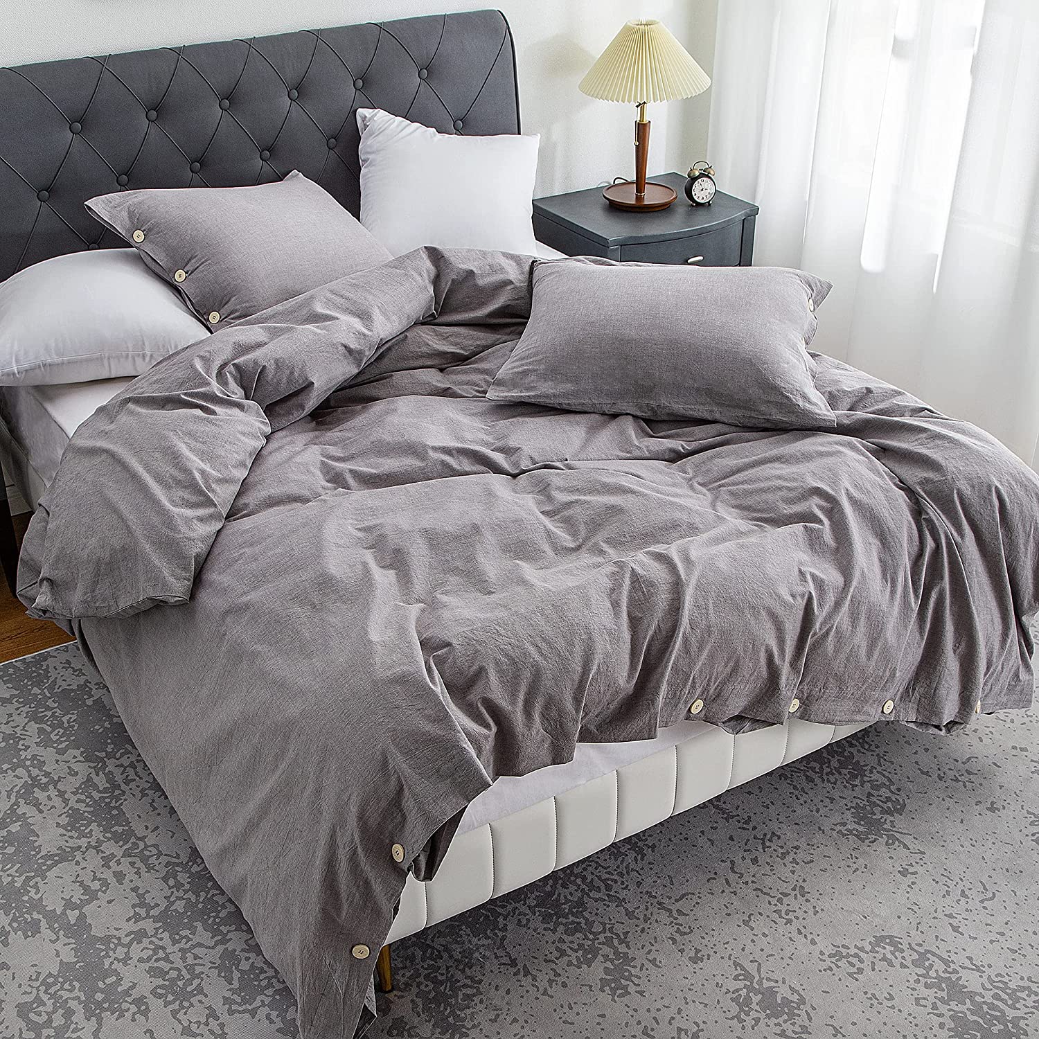 Price:$59.99  Duvet Cover Set 3 Piece (King，Light Grey),100% Washed Cotton Luxury Breathable Durable Bedding Set with Button Closure(No Comforter) : Home & Kitchen