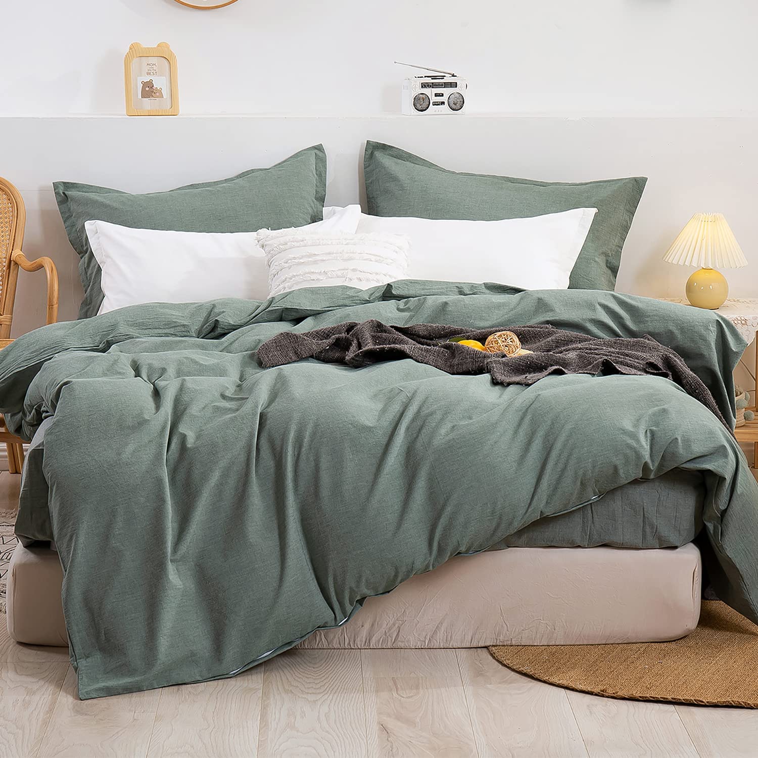 Price:$79.99  100% Washed Cotton Duvet Cover Set, 3 Pieces Bedding Set King Size, Soft and Comfortable Natural Wrinkled Breathable, Easy Care with Zipper Ties (King Size, Green) : Home & Kitchen