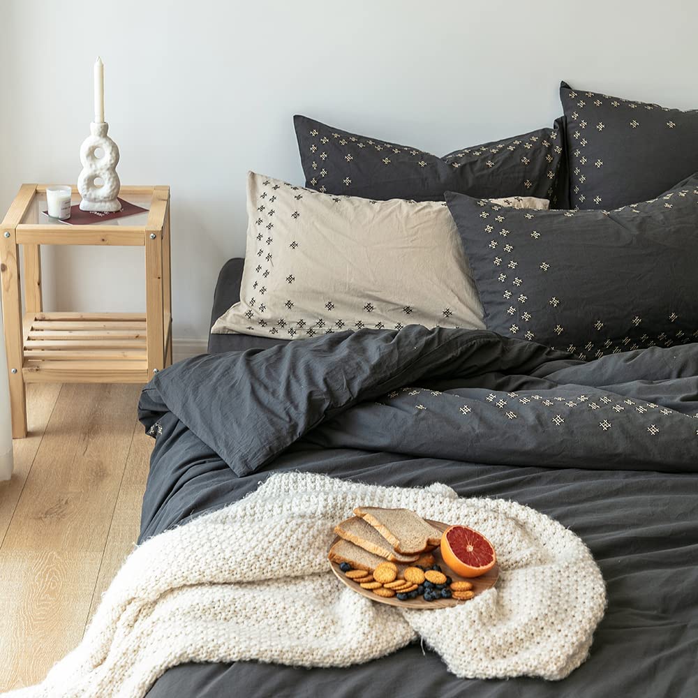 Price:$68.90  Washed Cotton Duvet Cover Queen Solid Color Embroidered Stars Pattern Dark Grey Duvet Cover 3 Piece Set with 2 Pillow Cases Simple Bedroom Style Soft Durable Hotel Bedding Set, No Filler : Home & Kitchen