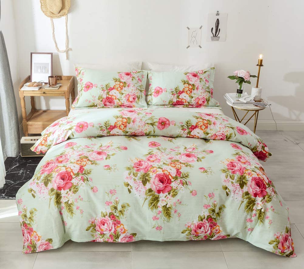 Price:$49.99  Cover, 100% Cotton Comfy Floral Flower Printed Reversible Pintuck Comforter Cover and Shams 3 pcs Set with Hidden Zipper and Corner Ties : Home & Kitchen