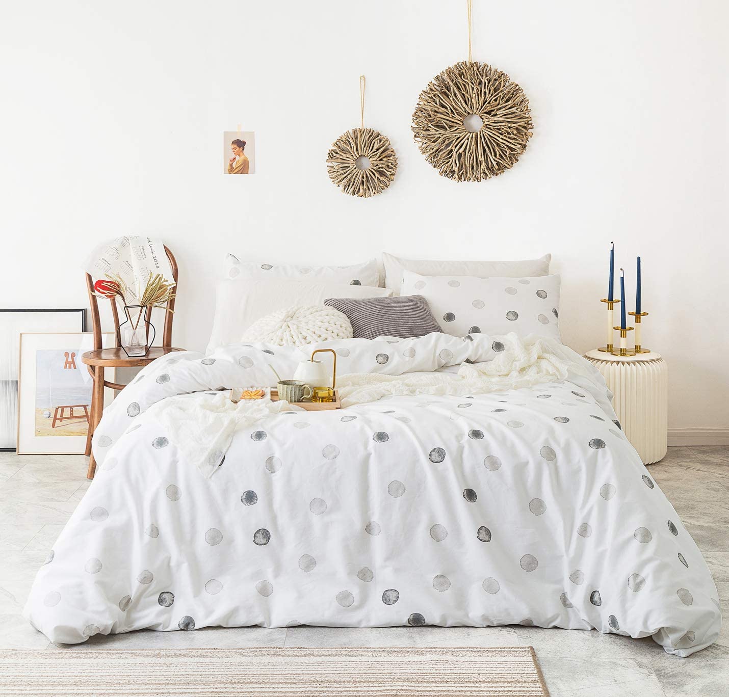 Price:$49.99  3 Pieces Duvet Cover Set 100% Cotton White Queen Size Grey Watercolor Polka Dot Bedding Set 1 Gray Geometric Print Duvet Cover with Zipper Ties 2 Pillowcases Luxury Quality Soft Breathable : Home & Kitchen