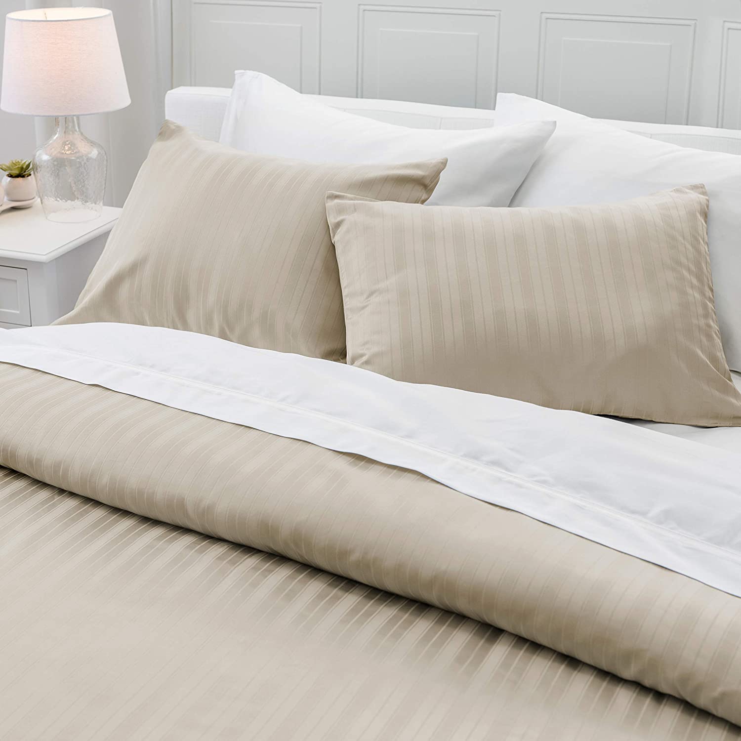 Price:$79.99  Alexander 100% Cotton Woven Stripe Full/Queen Size Duvet Cover Set with Button Closure | Buff Brown | 88"x92" 500 Thread Count Sateen Premium Hotel Collection | 3 Piece Set | Smooth & Soft : Home & Kitchen