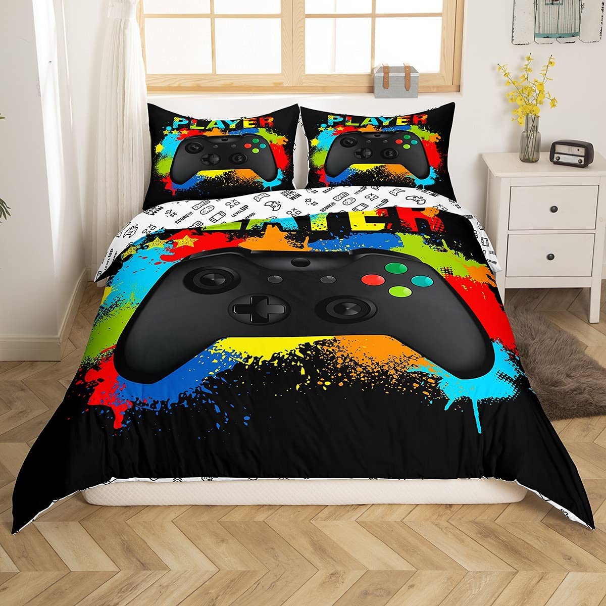 Price:$34.00  Duvet Cover 3 Pieces Soft Reversible Comforter Cover Set,Video Games Gamepad Bedding Set,Watercolor Tie Dye Hip Hop Style Quilt Cover Home Decoration for All Season,Full Size,Black,No Filler : Home & Kitchen
