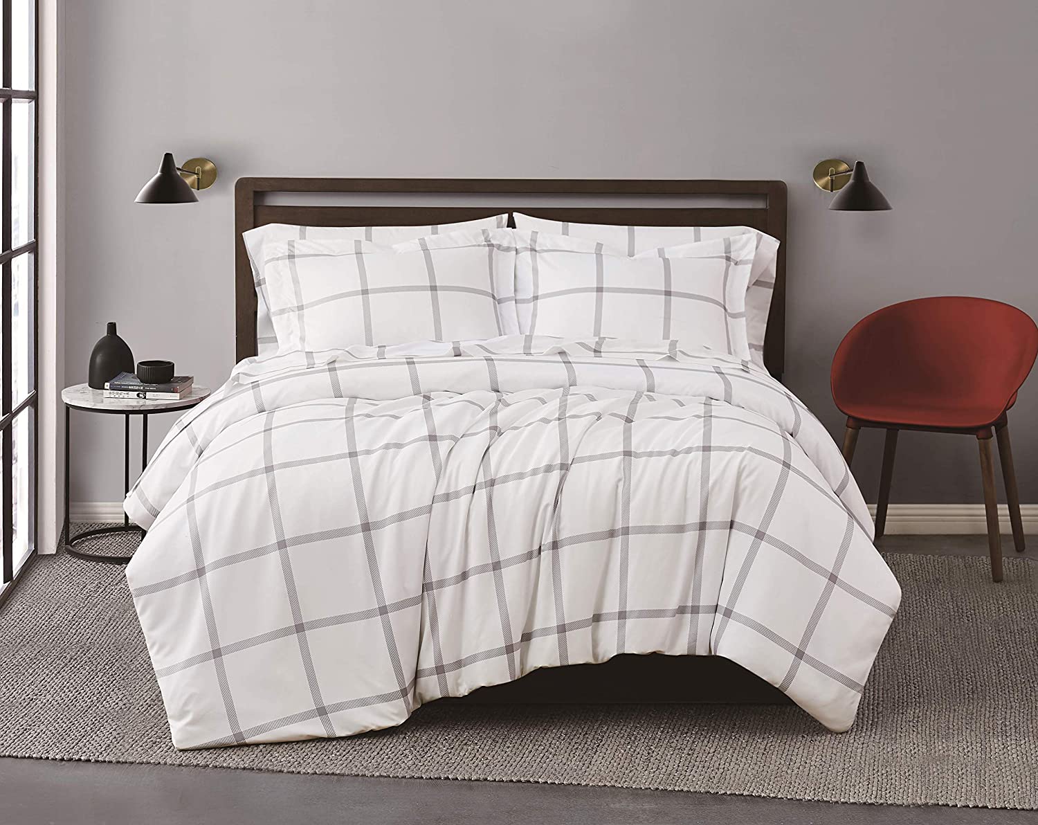 Price:$58.00  Soft Everyday King 3-Piece Microfiber Duvet Cover + Sham Set - Printed Windowpane Collection - White/Grey : Everything Else
