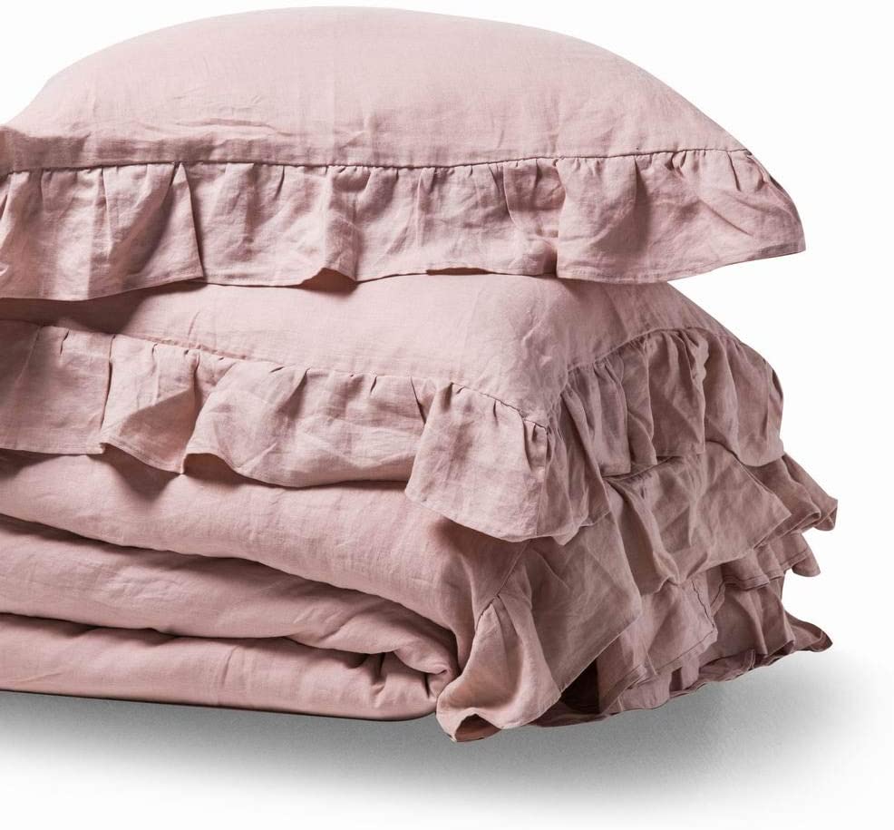 Price:$64.99  park Queen Linen Cotton Duvet Cover with Pillow Shams, 3 Pc Set, Vintage Stone Washed Fabric, Ruffle Style with Button Closure and Corner Ties, Blush Color : Home & Kitchen