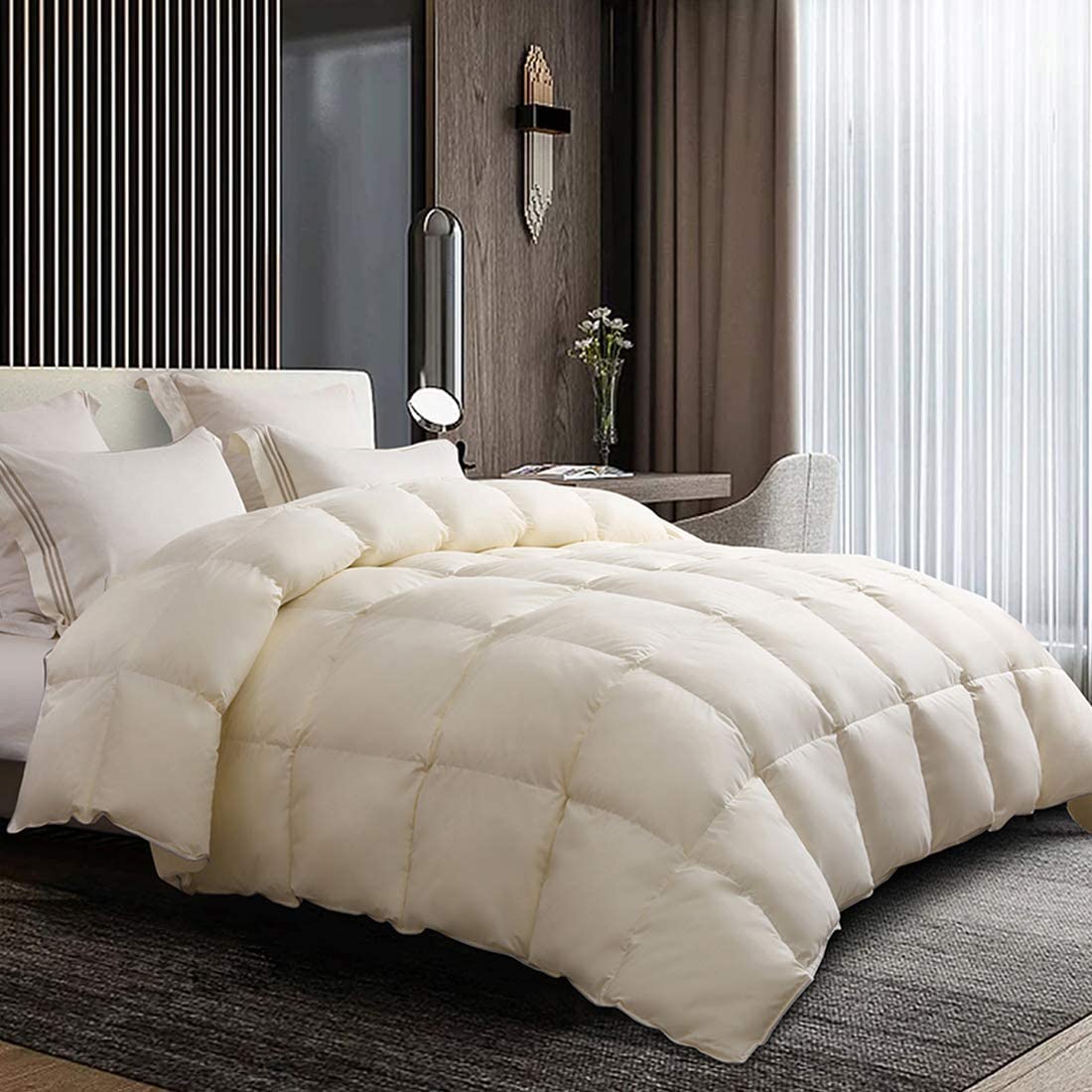 Price:$89.99  Goose Down Comforter King Size Duvet Fluffy All Season Bedding Medium Warmth Soft 100% Cotton Cover Quilted 8 Corner Tabs 50 oz (Beige, King) : Home & Kitchen