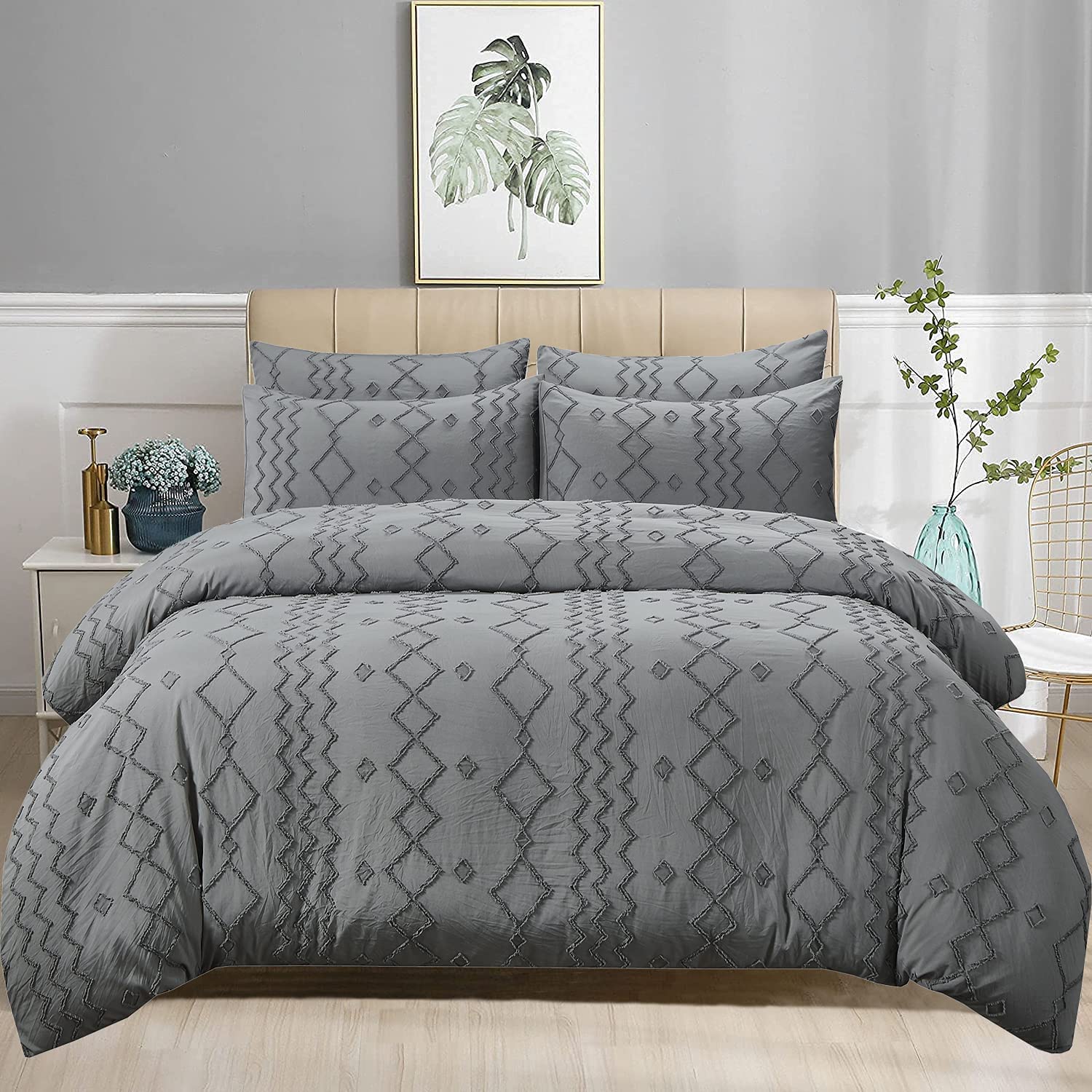 Price:$35.88  Grey Tufted Duvet Cover King Size, 3 Piece Shabby Chic Embroidery Duvet Cover Set, Premium Soft Microfiber Comforter Cover Set for All Seasons (Grey ,King) : Home & Kitchen