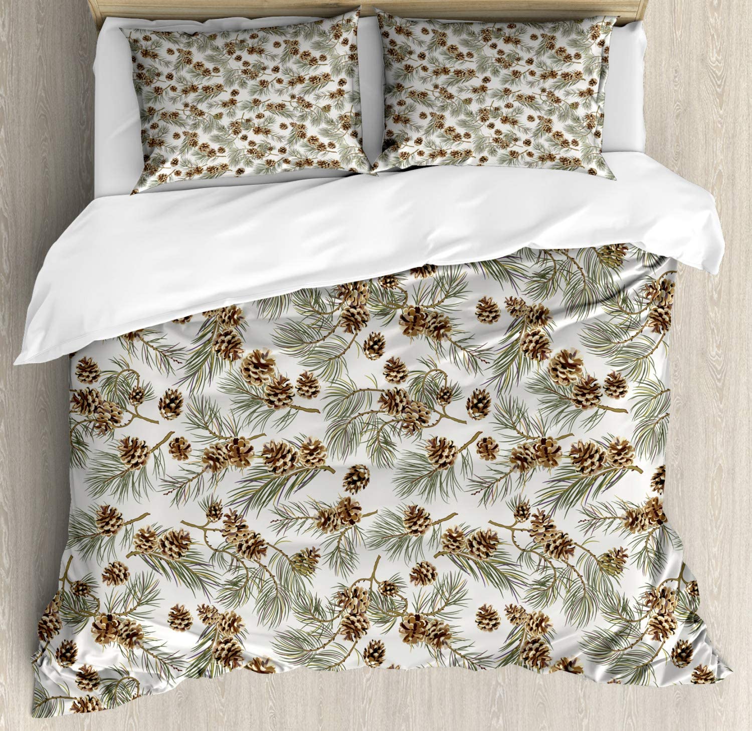 Price:$79.95  Pinecone Duvet Cover Set, Scenery Illustration of Hand Painted Pine Tree Branches and Sepia Cone, Decorative 3 Piece Bedding Set with 2 Pillow Shams, Queen Size, Brown Green : Home & Kitchen