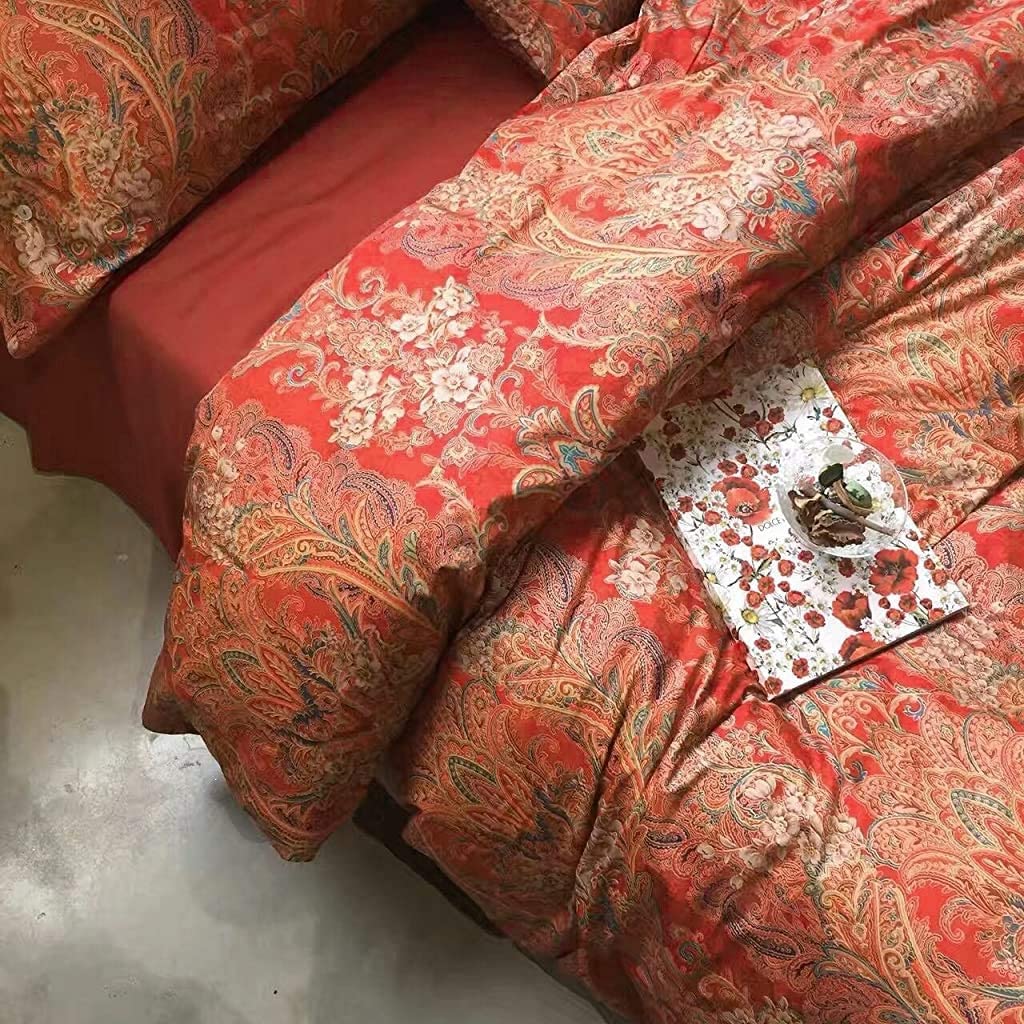 Price:$98.80  Boho Paisley Print Luxury Duvet Quilt Cover and Shams 3pc Bedding Set Bohemian Damask Medallion 350TC Egyptian Cotton Sateen (Queen, Gold Red) : Home & Kitchen