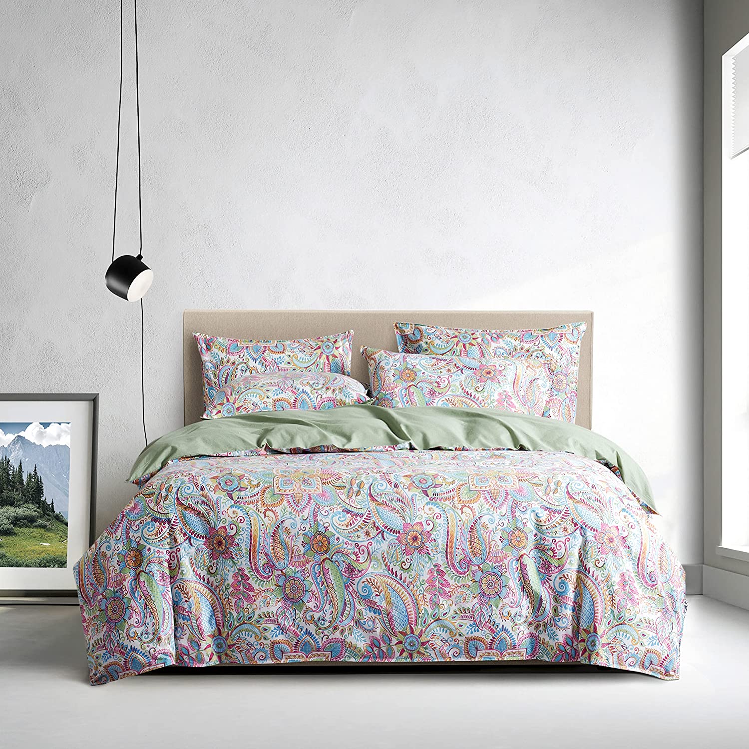 Price:$45.99  Vintage Boho Luxury Paisley Duvet Cover 3pc Vibrant European Floral Style Bed Linen,100% 400TC Percale Egyptian Cotton (Sage-Green, King) : Home & Kitchen