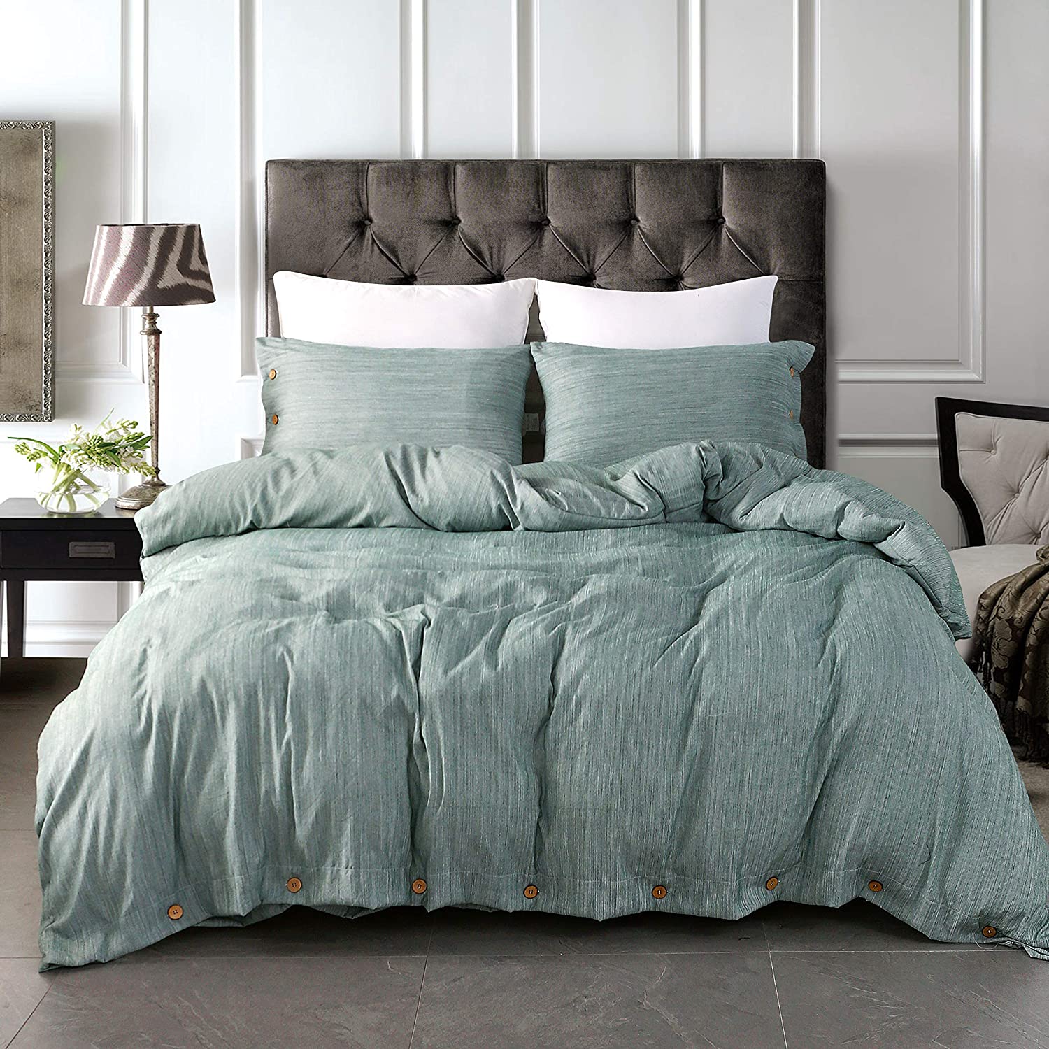 Price:$35.99  Green Duvet Cover Set, 3-in-1 Luxury Button Bedding Set, Ultra Soft Breathable Microfiber, Easy Care, Simple Style, Solid Color Duvet Cover King Size(No Comforter) : Home & Kitchen