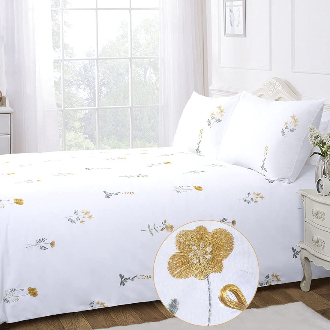 Price:$29.99  Flower Duvet Cover White Embroidered Floral Queen Set Wildflower Elegant Cotton Green Botanical Sweet Fresh Blossom French Country Bedding Set Garden 3 Pieces 90x90 : Home & Kitchen