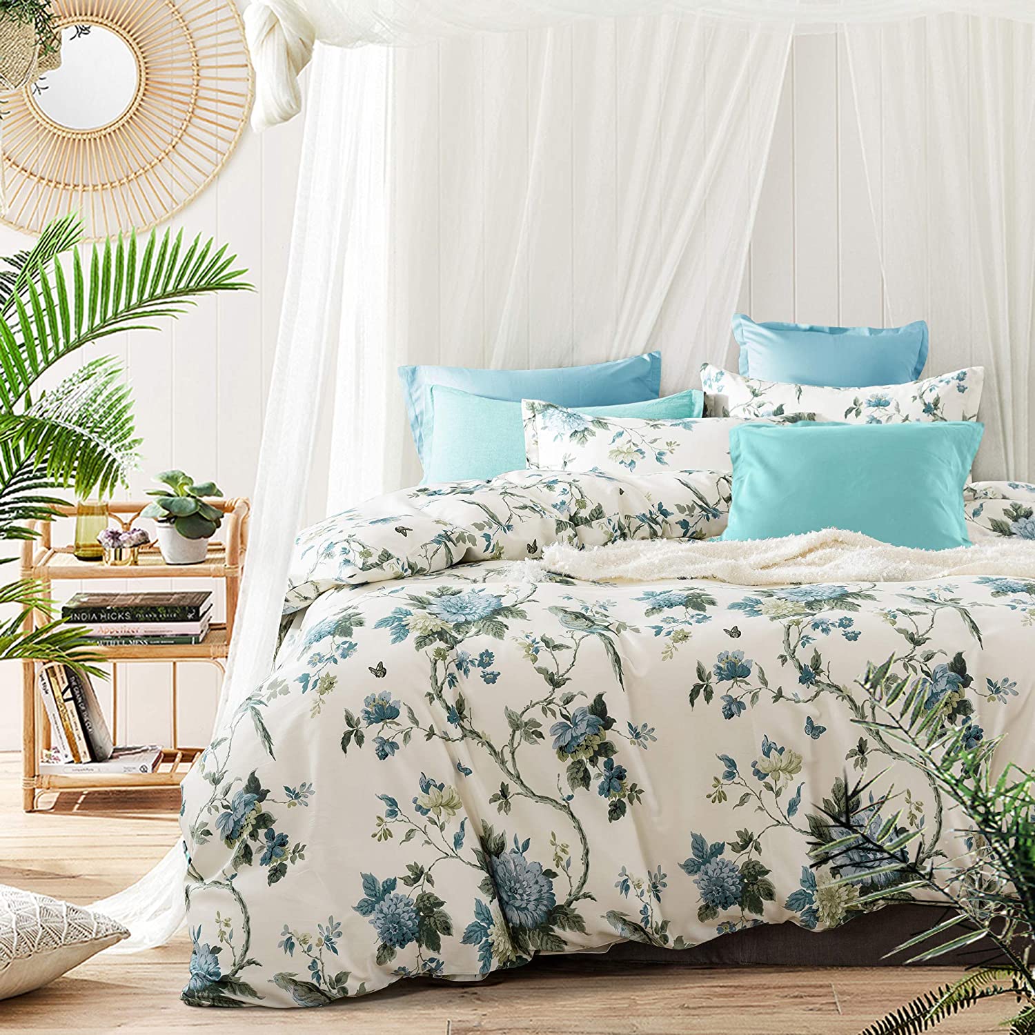 Price:$98.80  Modern Floral Print Bedding Birds Flowers Dusty Grey Design 100% Cotton Duvet Cover 3pc Set Hibiscus Blossom Branches in Muted Gray Blue (King, Egret White) : Home & Kitchen