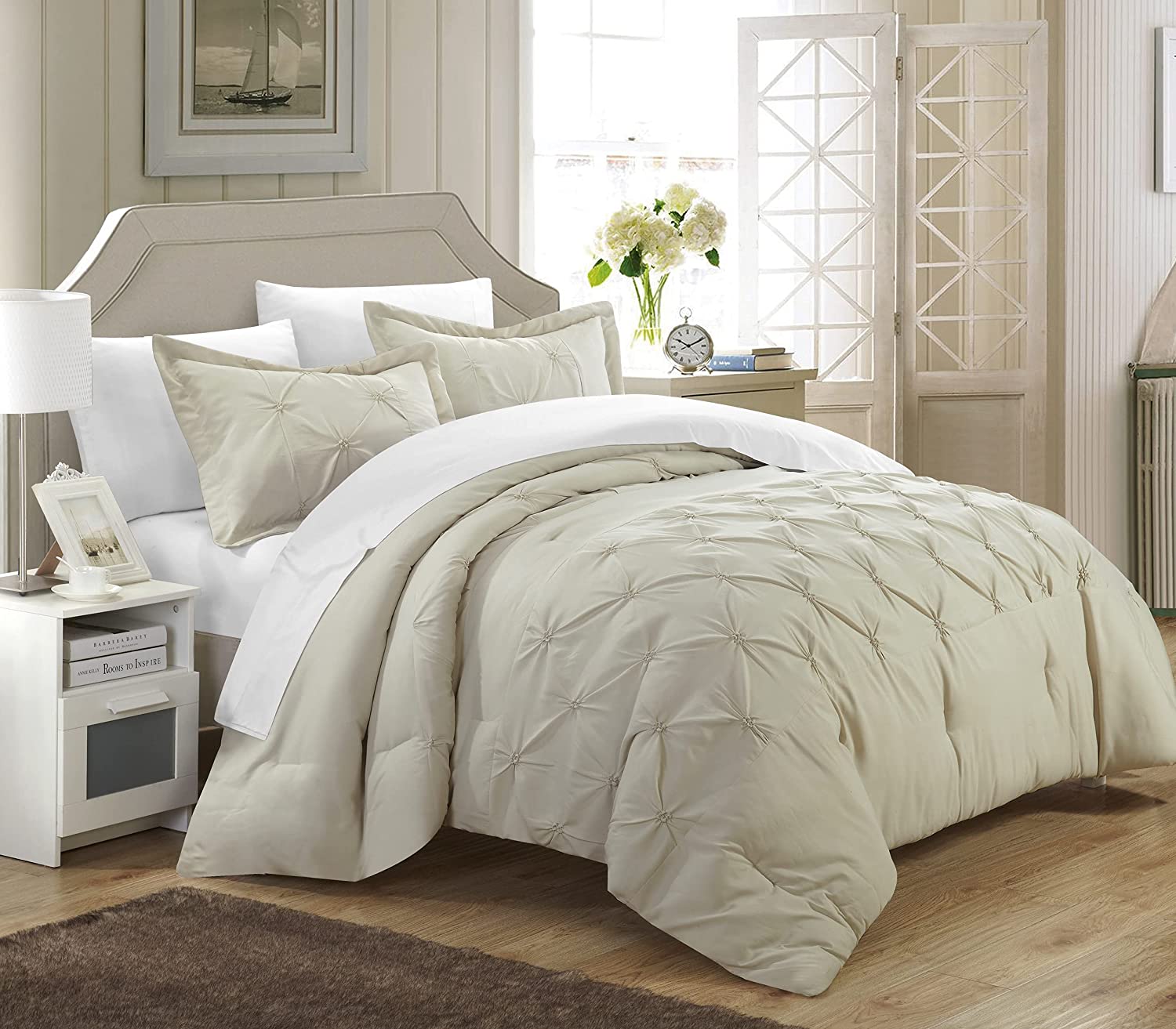 Price:$29.98  Home 3 Piece Veronica Pinch Pleat Pintuck Duvet Cover Set, Queen, Beige : Home & Kitchen