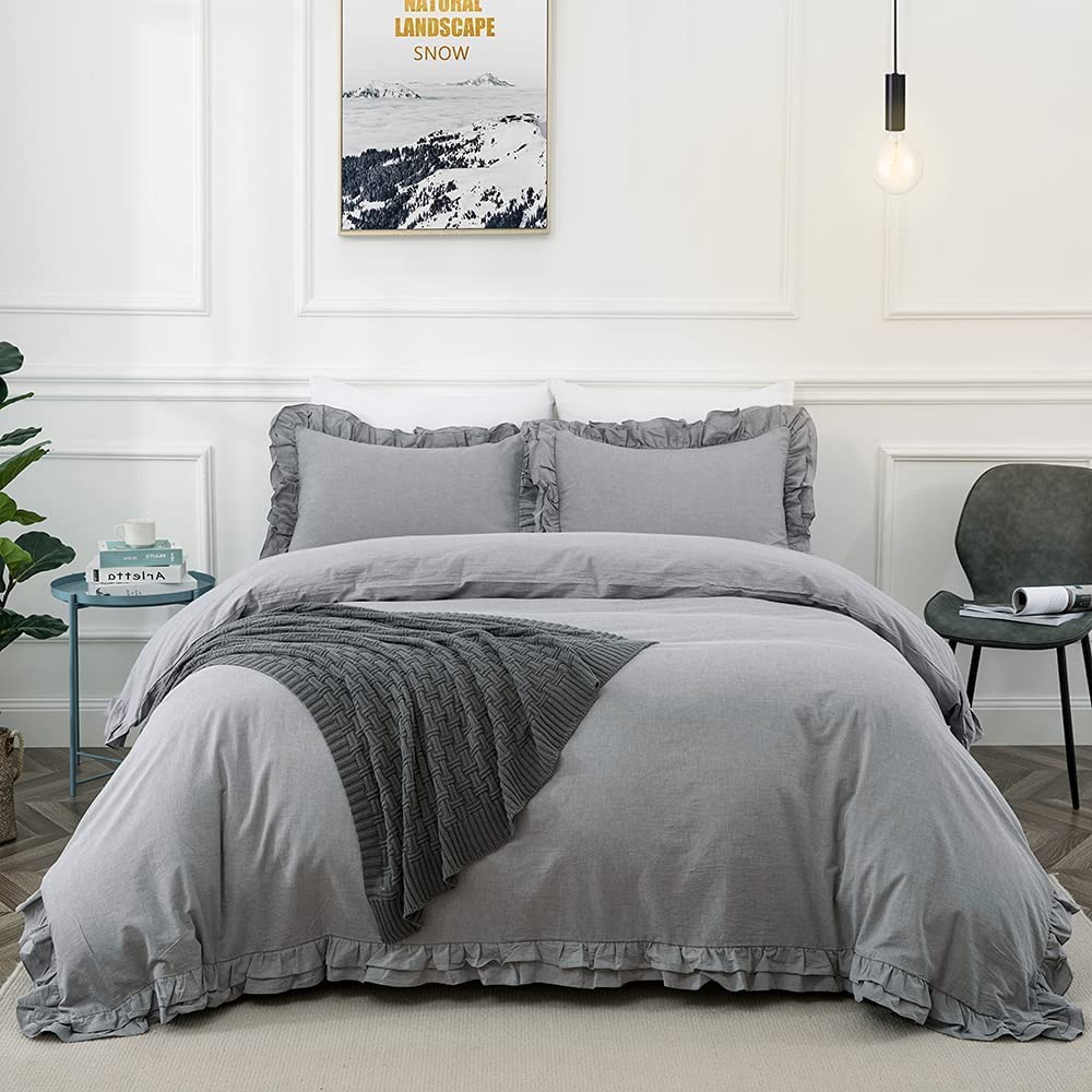 Price:$57.99  Off Gray Ruffled Duvet Cover Set,Washed Cotton Farmhouse Shabby Style Duvet Cover 3 Pieces with Pillow Shams(Gray,Queen) : Home & Kitchen