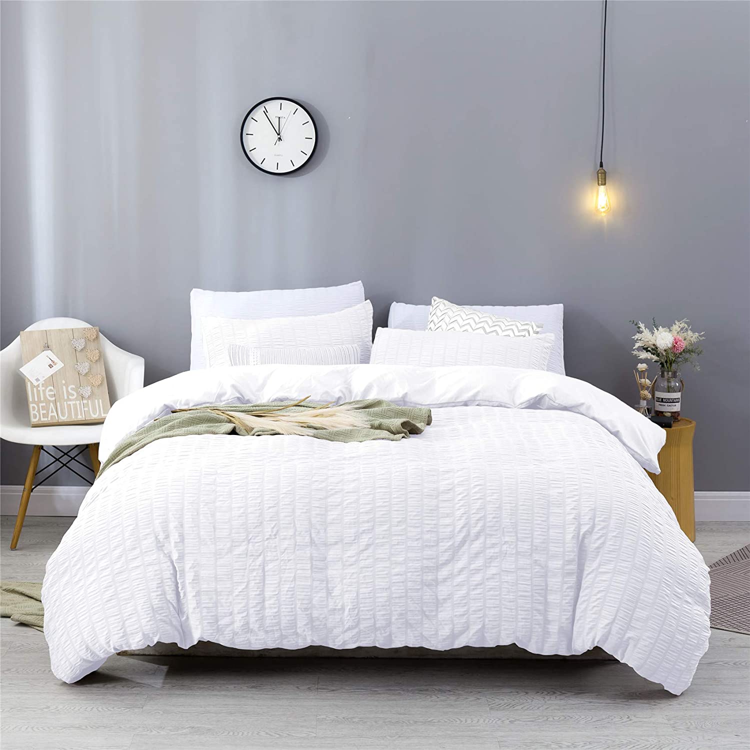 Price:$37.99  King Size, 100% Washed Microfiber Bedding Set 3 Piece, Soft and Luxury Stripe Textured Seersucker Duvet Cover with Zipper Closure & Corner Ties (White, King) : Home & Kitchen