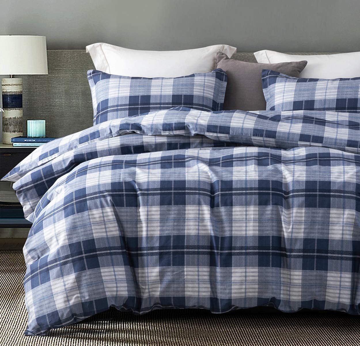 Price:$49.99  Duvet Cover Set Queen Size Navy Blue Buffalo 100% Cotton Bedding Set Plaid Comforter Cover 3 Pcs : Home & Kitchen