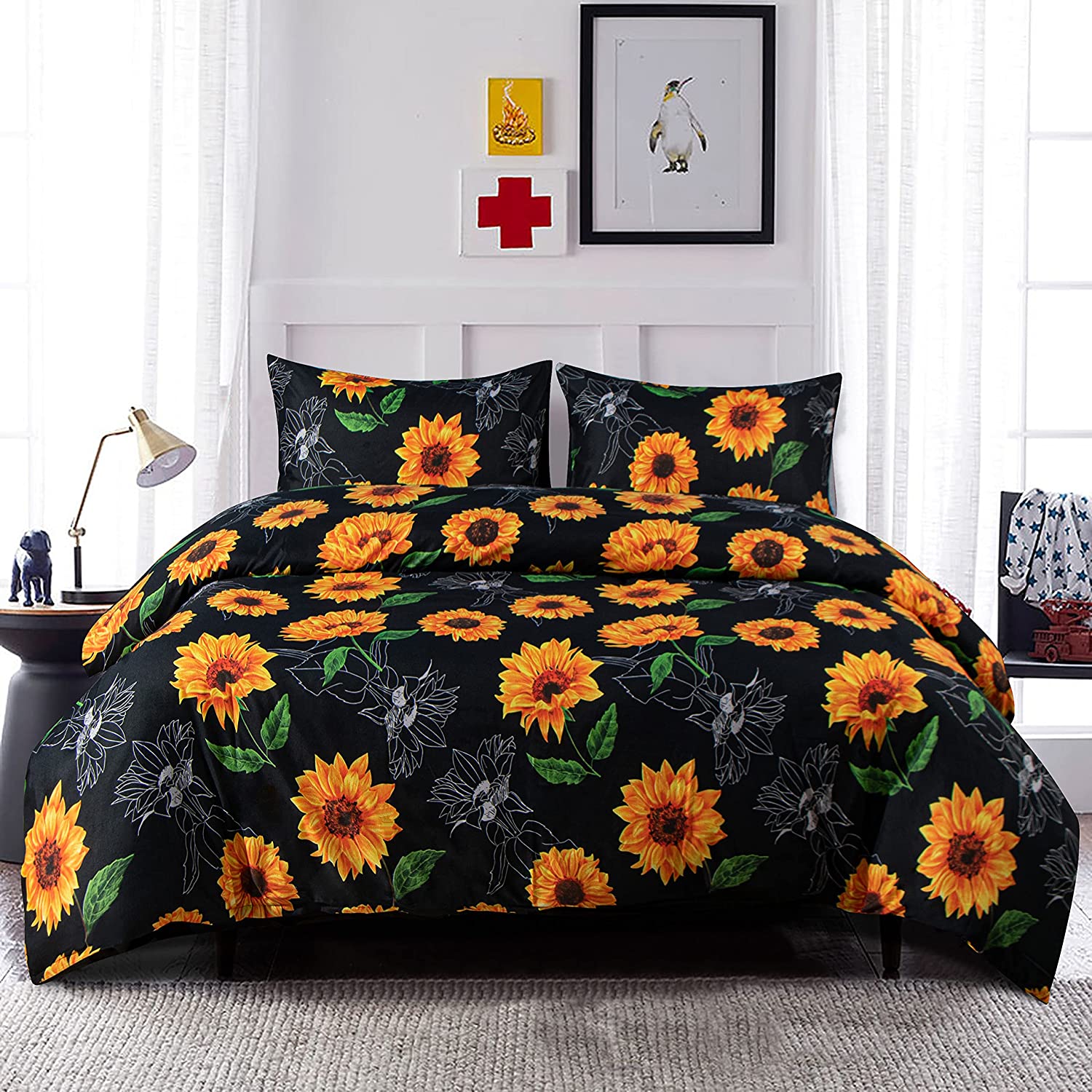 Price:$32.99  Microfiber King (106" x 90") Duvet Cover Set, 3 Pieces (1 Duvet Cover + 2 Pillowcases) Ultra Soft Sunflower Printed Comforter Cover Set with Zipper Closure, Black : Home & Kitchen