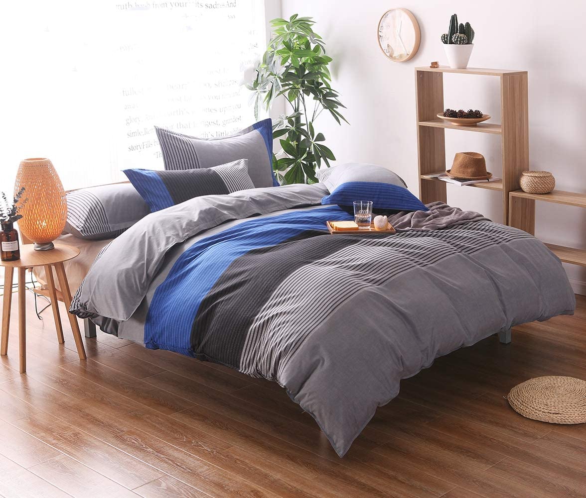 Price:$49.99  Queen Duvet Cover Set (90x90 Inch), 3 Pieces Include 1 Blue Grey and Black Microfiber Duvet Cover Zipper Closure and 2 Multicolored Pillowcase, Bedding Set for Boys, Girls, Kids and Teens : Home & Kitchen