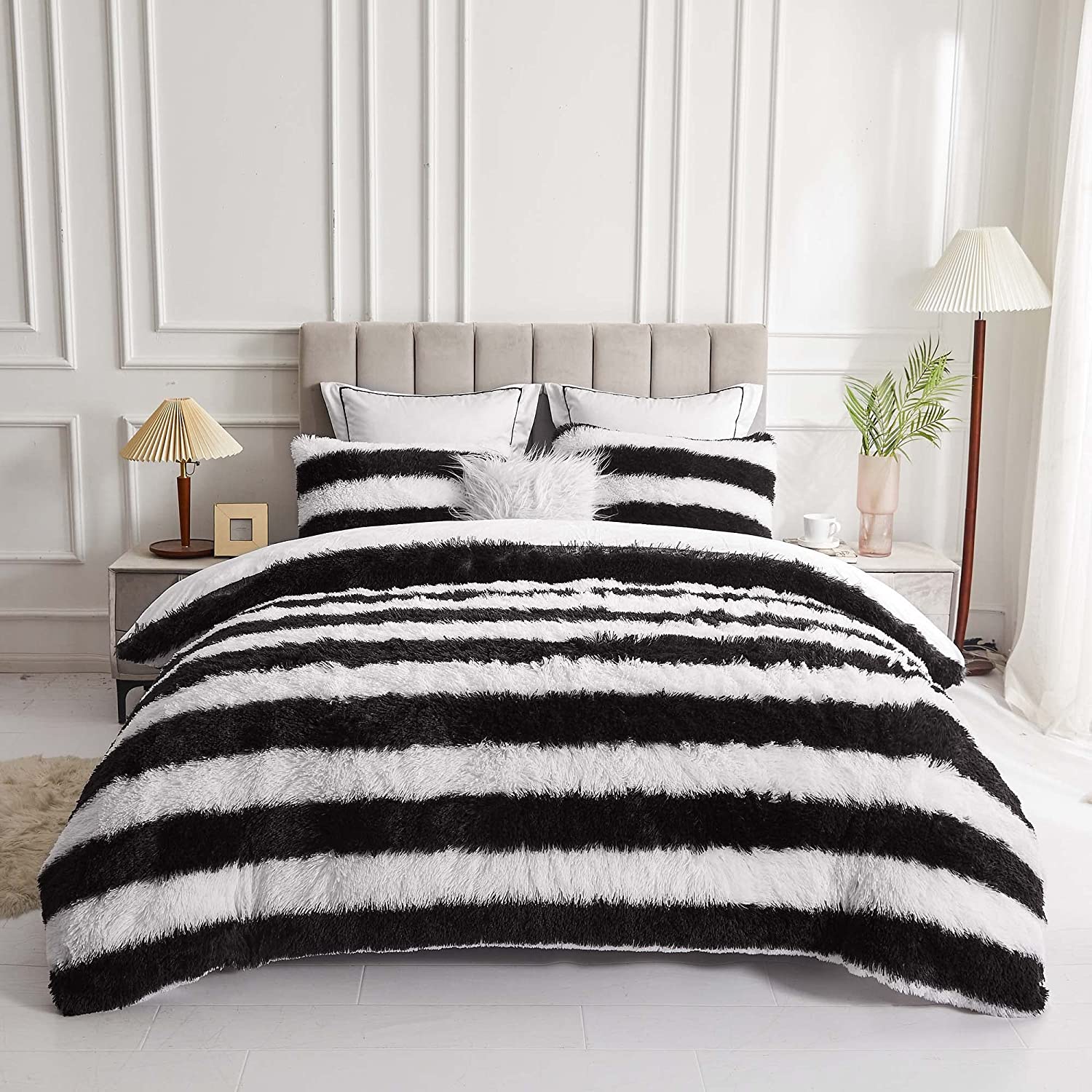 Price:$79.99  3 Pieces Luxury Shaggy Faux Fur Duvet Cover Set Soft Fluffy Fuzzy Comforter Cover Set Striped Printed Furry Long Plush, 1 Duvet Cover+2 Pillow Covers, Zipper Closure, Black, Queen : Home & Kitchen