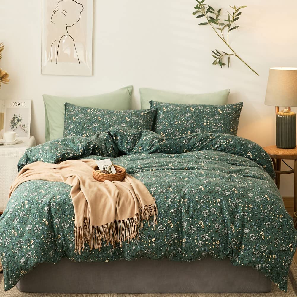 Price:$78.00  Jersey Knit Cotton Duvet Cover Sets Queen 3 Pieces Floral Printed Bedding Sets Retro Garden Style T-Shirt Cotton Duvet Cover Sets - 1 Duvet Cover 2 Pillow Shams (No Comforter, Green) : Home & Kitchen
