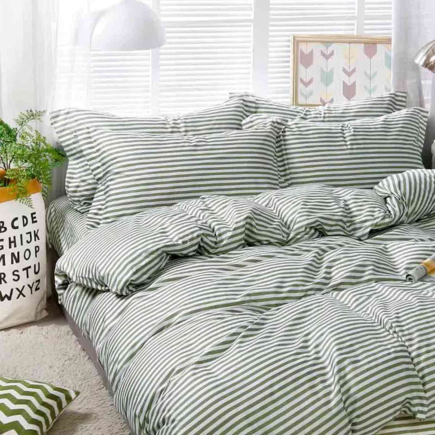 Price:$33.99  Duvet Cover Queen Size, 3 Piece Farmhouse Pinstripe Pattern Printed Microfiber Bedding Comforter Cover Set, Soft and Lightweight, Green and White : Home & Kitchen