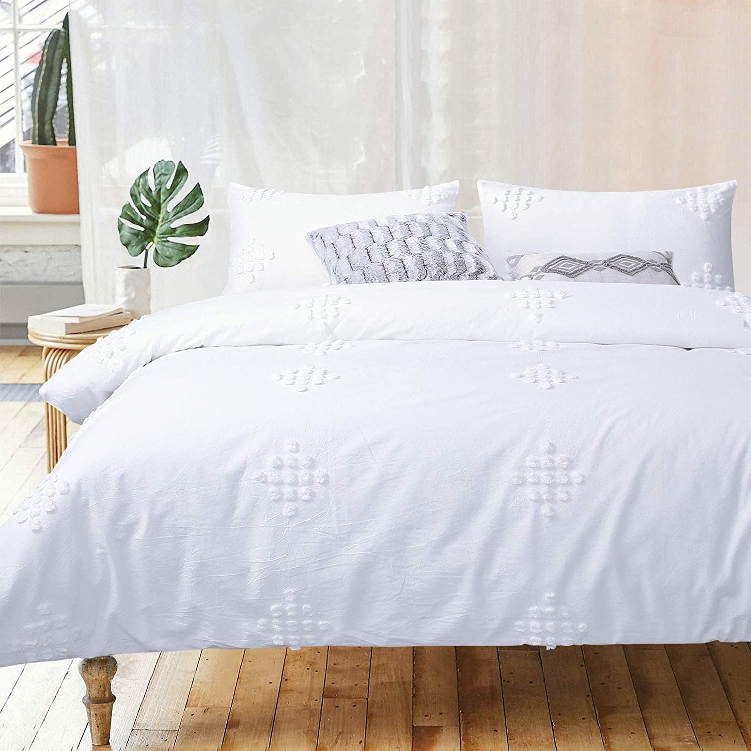 Price:$62.99  Duvet Cover Queen White Boho Textured Cotton Clipped Dot Shabby Chic Jacquard Geo Elegant Pretty Cute Duvet Cover Set 90x90 Diamond Bohemian Bedding Set Zip : Home & Kitchen