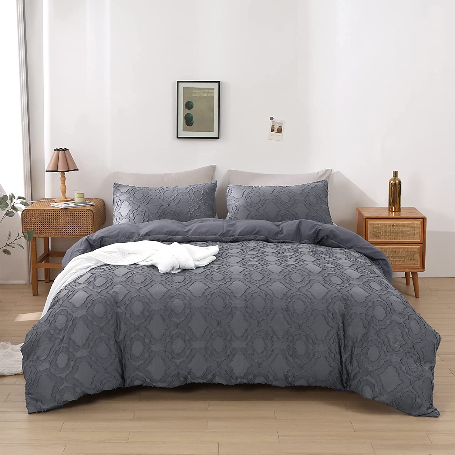 Price:$39.99  Grey Duvet Cover Set King Size Ultra Soft Brushed Microfiber, 3 Pieces Tufted Bedding Set Boho Comforter Cover, 1 Duvet Cover & 2 Pillowcases, 90×104inch(No Comforter) : Home & Kitchen