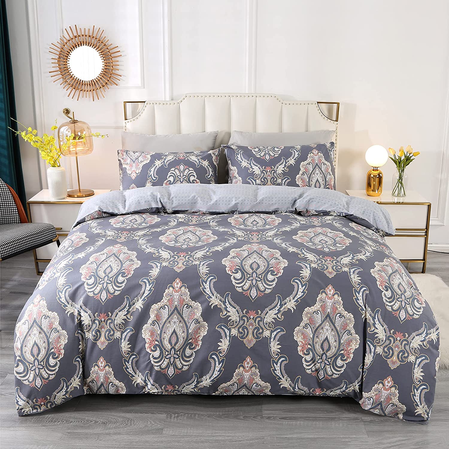 Price:$43.99  100% Cotton Duvet Covers Sets 3 Pieces, Luxury Hotel Quality Queen Size Bedding Set Ultra Soft, Breathable Comforter Cover Set for All Seasons Includes 2 Pillow Shams, Paisley Pattern Gray : Home & Kitchen