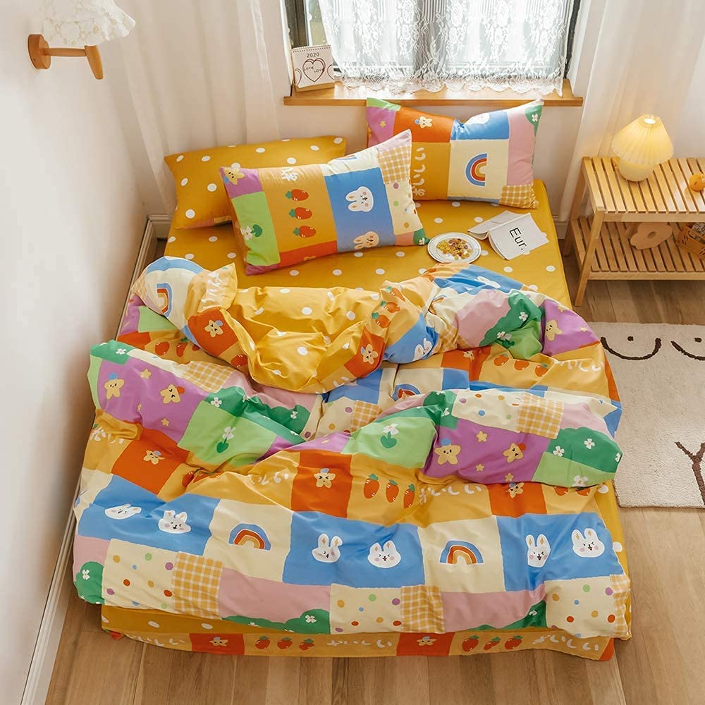 Price:$58.00  Japanese Series Pink Girls 100% Cotton Duvet Cover Colourfast Bedding Set 3PCS Contains Two Matching Pillowcases Lightweight Bedroom Decoration Super Cute Rainbow Rabbit Full/Queen : Home & Kitchen