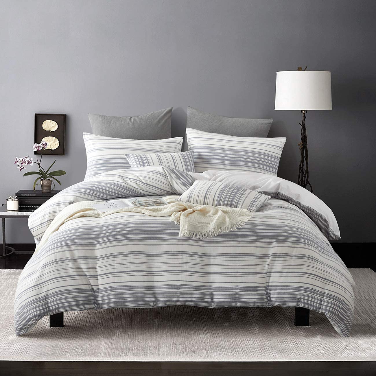Price:$41.39  Cotton Yarn Dyed Stripe Duvet Cover Set - King Size (106" x 92"), 3 Pieces - Button Closure and 4 Corner Ties - Soft and Cozy, Suitable for All Season, Blue and White : Everything Else