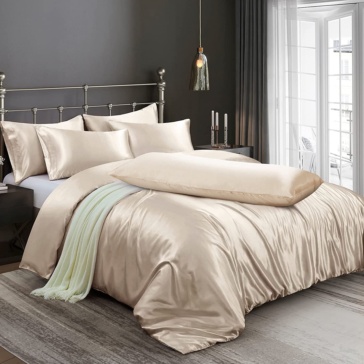 Price:$36.99  6 Pieces Satin Duvet Cover King Size Luxury Silky Bedding Duvet Cover Set with 1 Soft Duvet Cover, 4 King Pillowcases and 1 Body Pillowcase, Beige : Home & Kitchen