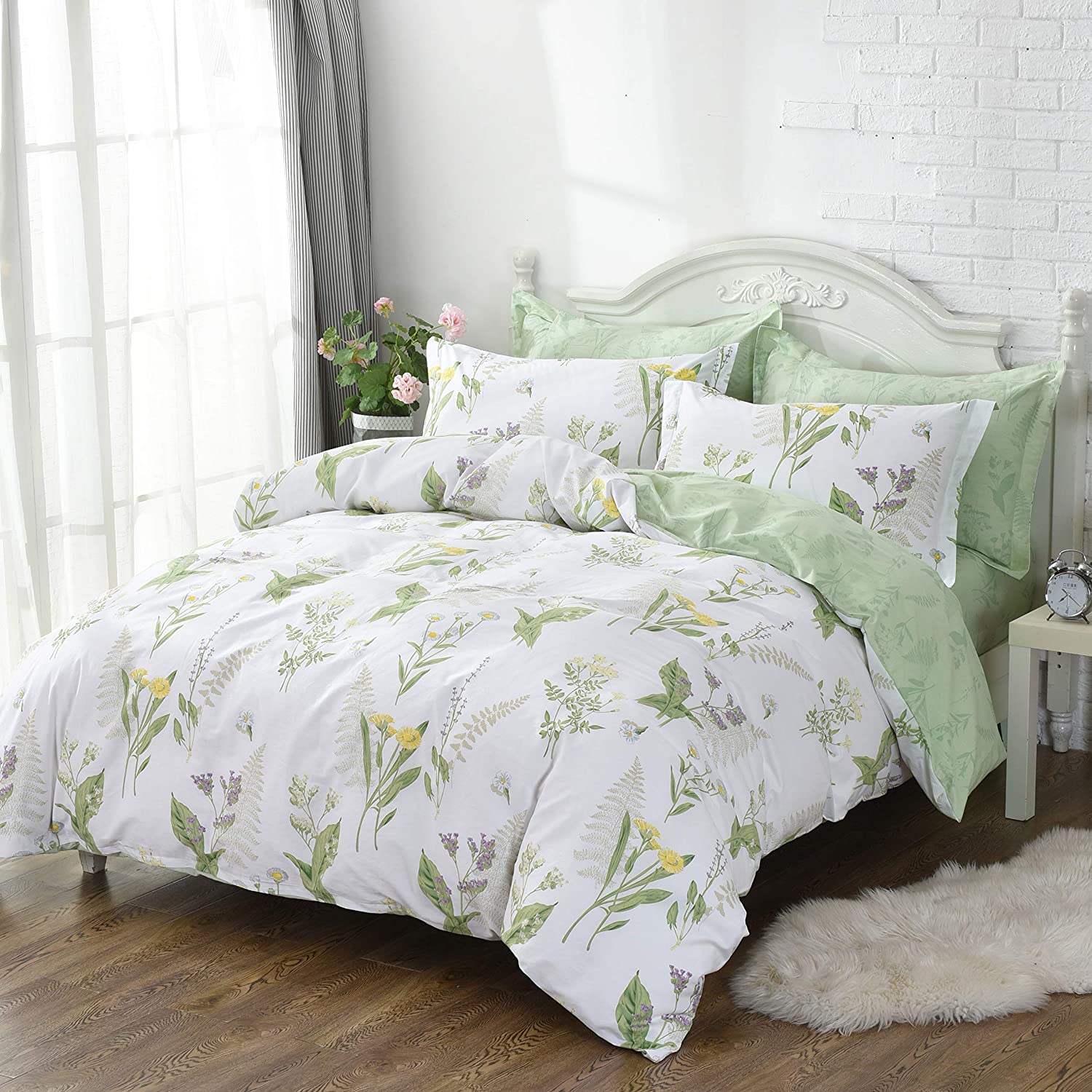 Price:$132.00  Duvet Cover Set Cal King 4-Pcs Shabby Daisy and Lavender Flowers 100% Cotton Hidden Zipper Closure with Green Deep Pocket Fitted Sheet 4 Pieces Cal King Size : Home & Kitchen