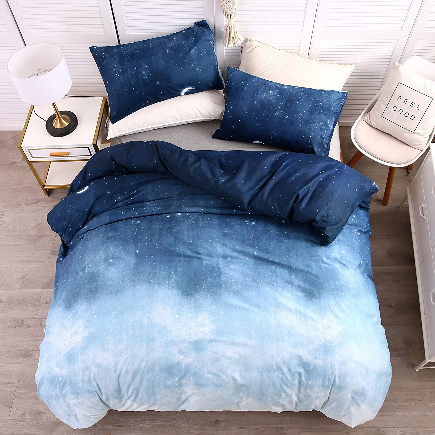 Price:$24.89  Duvet Cover Set Twin Size Galaxy Outer Style Moon/Star Pattern Gradient Luxury Soft Bedding Set Comforter Cover (1 Duvet Cover+2 Pillowcases) Blue : Home & Kitchen