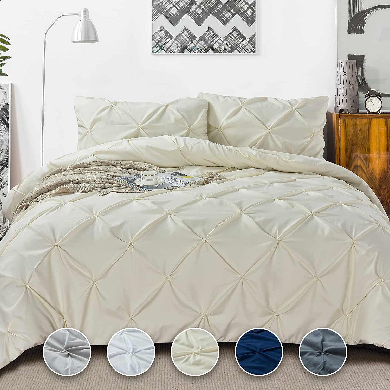 Price:$29.49  Pinch Pleat Duvet Cover Queen Size Beige Oversized Duvet Cover Set 3 Piece Floral Pintuck Bedding Set with Zipper Closure : Home & Kitchen