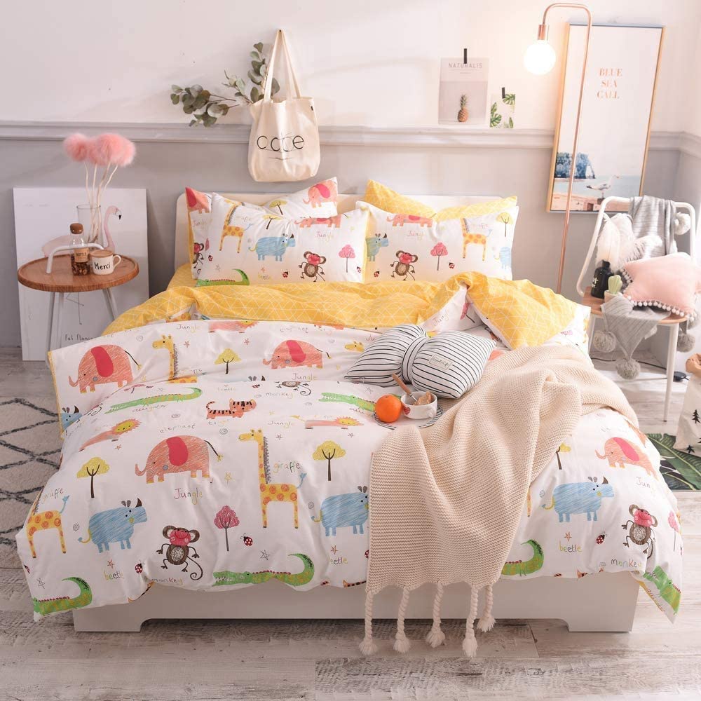 Price:$42.99  Duvet Cover, 100% Natural Cotton 3 Pcs  Twin Bedding for Girls Boys, Simple Chic Super Cute Animal Print Duvet Cover, with Zipper Ties, Comfortable, Lightweight, Breathable (NO Comforter) : Home & Kitchen