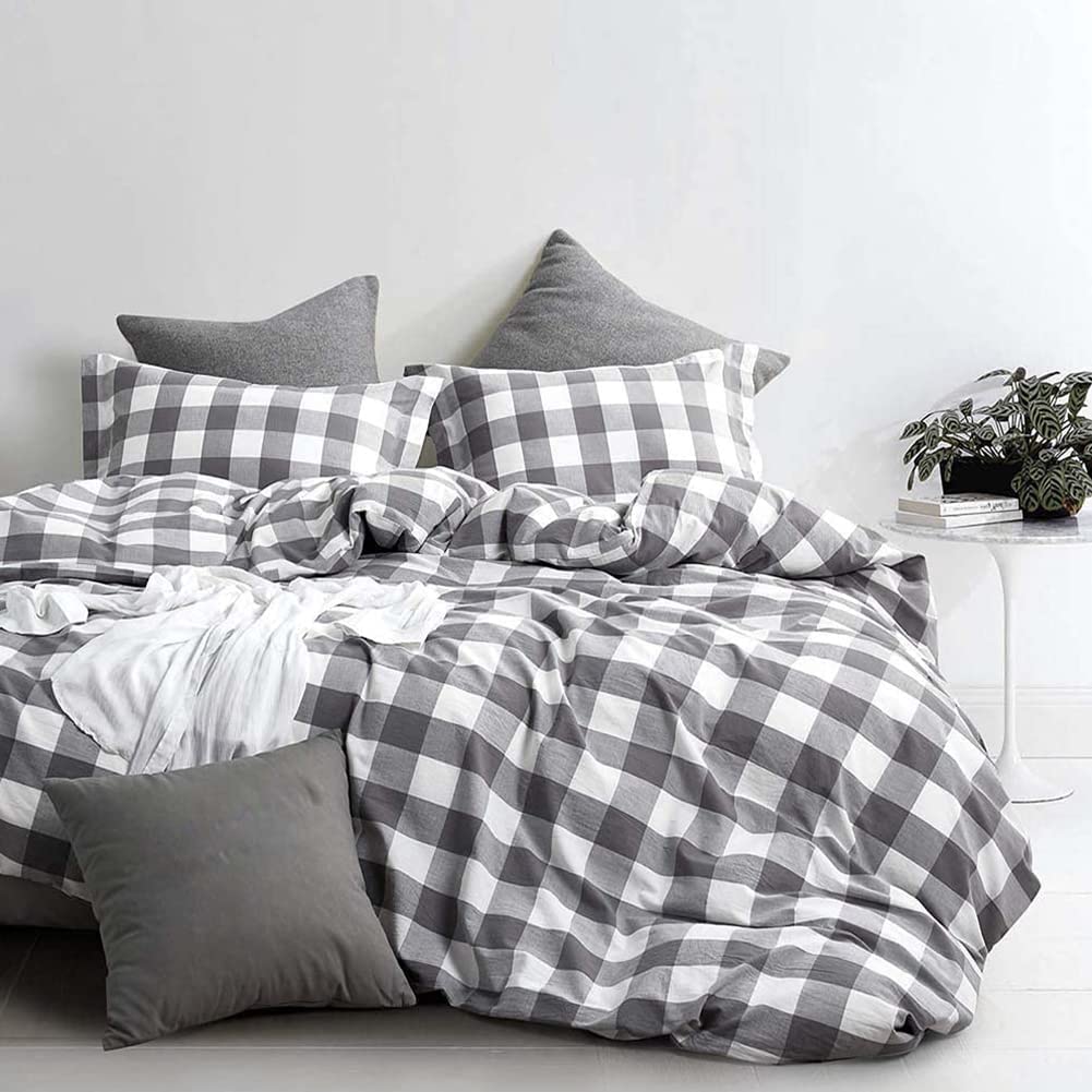 Price:$39.99  Plaid Duvet Cover Set King Size Gingham Grey and White Grid Pattern 3 Pieces Soft Geometry Modern Bedding Set with Zipper Ties (1 Duvet Cover+2 Pillowcases) : Home & Kitchen
