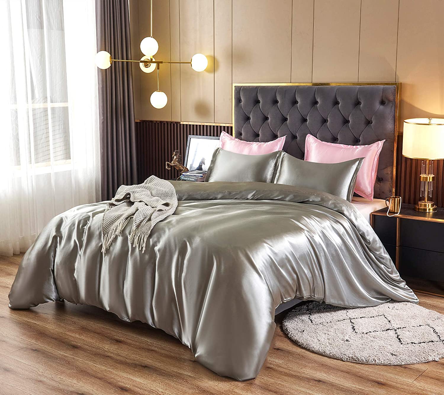 Price:$39.99  Home Satin Silk Grey Duvet Cover Full/Queen Size, 100% Polyester 3pcs Comforter Cover, Ultra Soft and Breathable Bedding Set with Zipper Closure & Corner Ties (Grey, Full/Queen) : Home & Kitchen