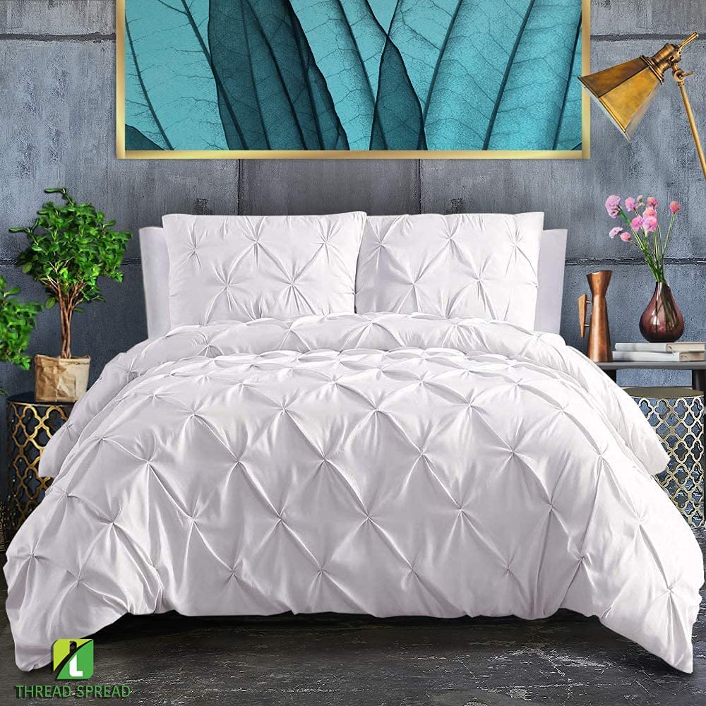 Price:$44.99  SPREAD Pinch Pleated 3 Piece Duvet Cover Set 100% Egyptian Cotton 600 Thread Count with Zipper & Corner Ties Tuffed Pattern Decorative (Queen, White) : Home & Kitchen