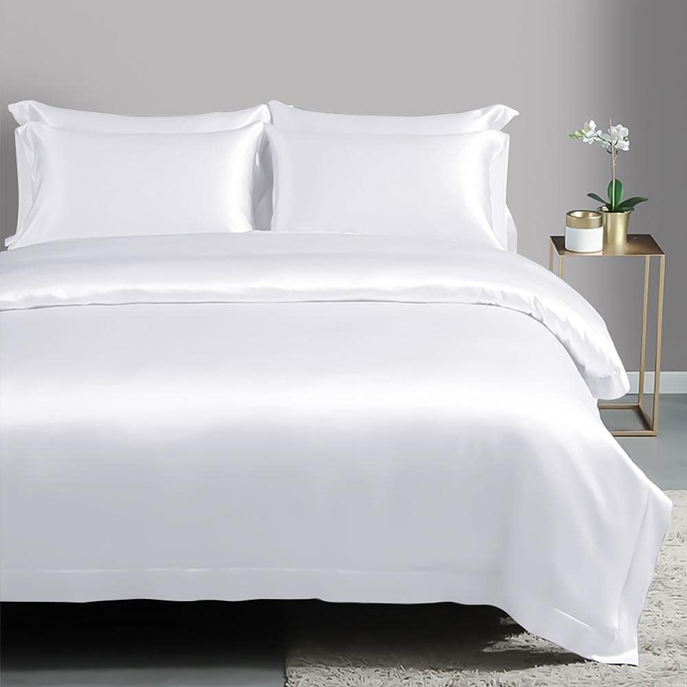 Price:$50.00  Premium Full/Queen 90X90 Duvet Cover Set 3-Piece with Zipper & Corner Ties 1000-Thread-Count 100% Satin Silk Sheet Luxurious Bedding 1 Duvet Cover 2 Pillow Shams (Queen/Full, White) : Home & Kitchen