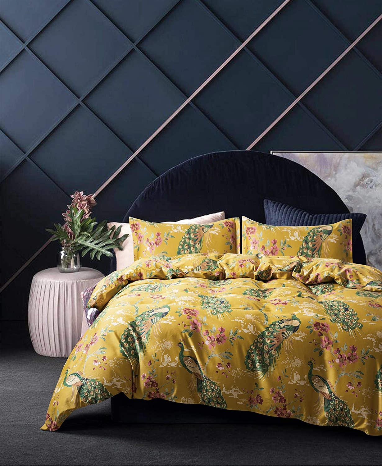 Price:$109.80  Home Chinoiserie Chic Peacock Floral Duvet Cover Paradise Garden Botanical Bird and Tree Branches Vintage Stylized Long Staple Cotton Bedding Set (Oversized King, Citrine) : Home & Kitchen
