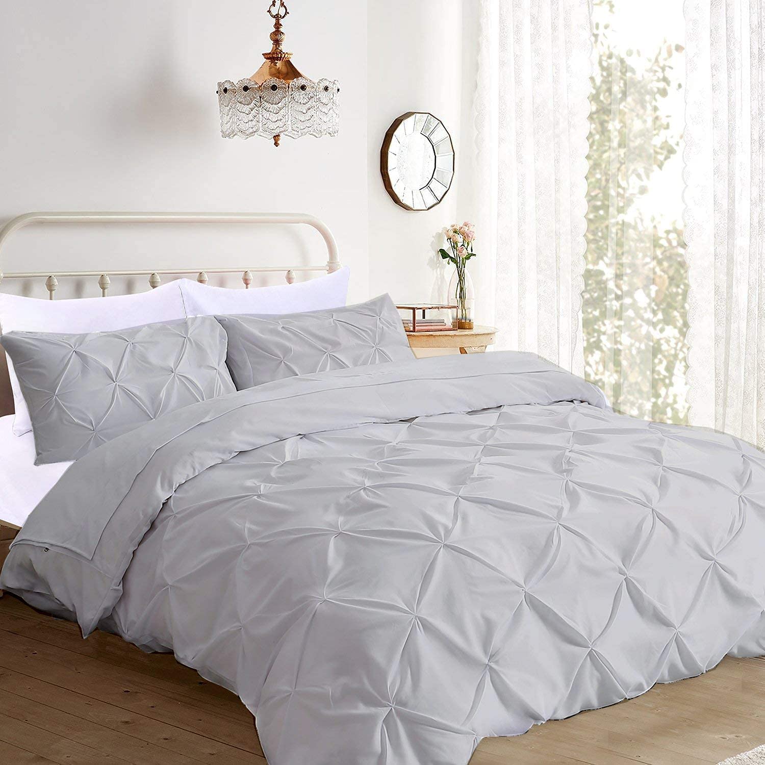 Price:$85.99  Kraft Pintuck Duvet Cover Set | Pintuck Comforter Cover | Light Gray Duvet Cover Queen | 3 Piece Pinch Pleat Duvet Cover (Oversized King, Silver) : Home & Kitchen