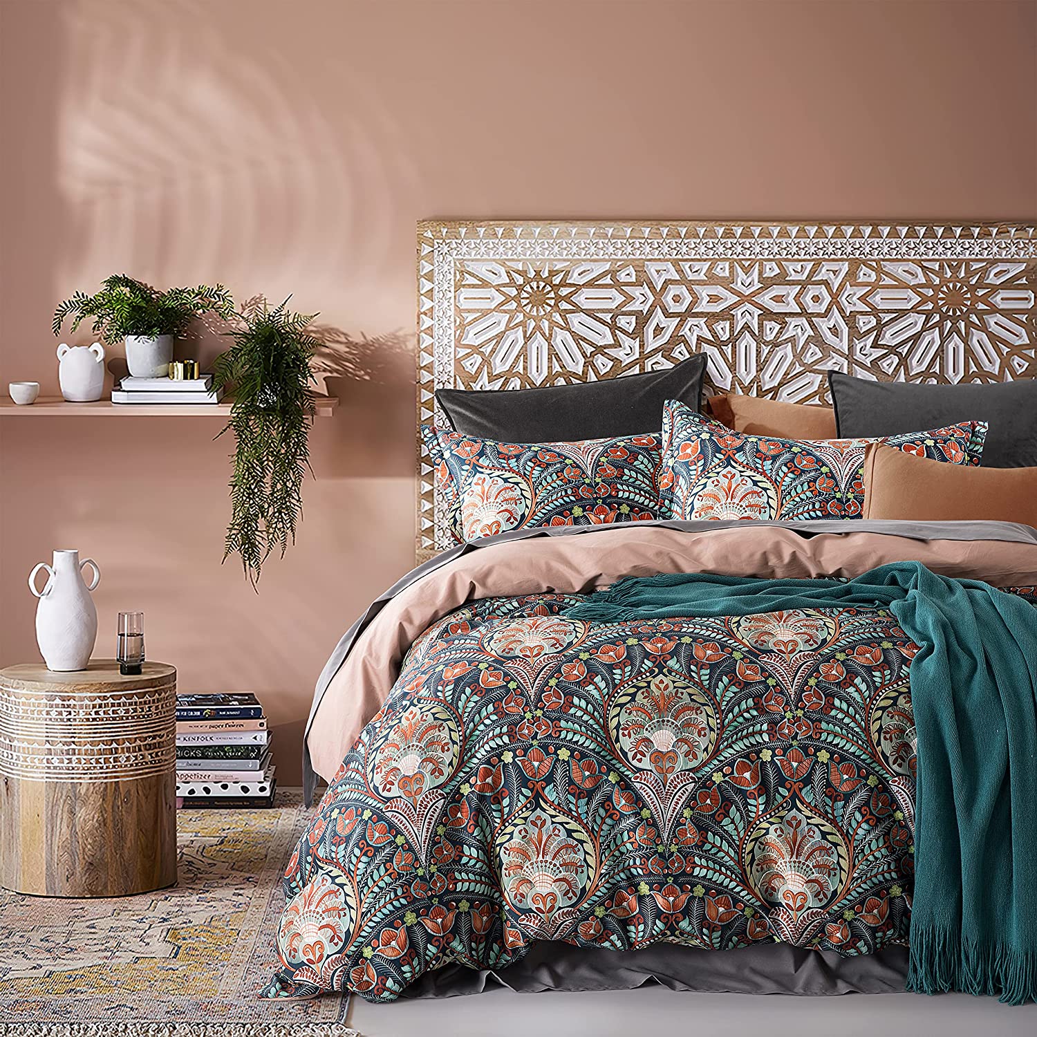 Price:$128.80  Damask Bohemian Paisley Duvet Cover Set Boho Chic Watercolor Medallion 400TC Egyptian Cotton Sateen Luxury Style Bed Linen (Rust Navy, Super King) : Home & Kitchen