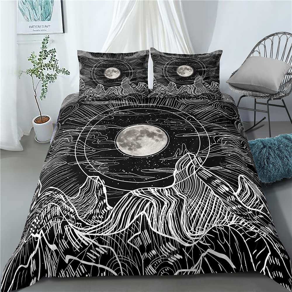 Price:$42.88  Sun Moon Duvet Cover Clouds Black and White Bedding Set Psychedelic Mountain Cover Full Size : Home & Kitchen
