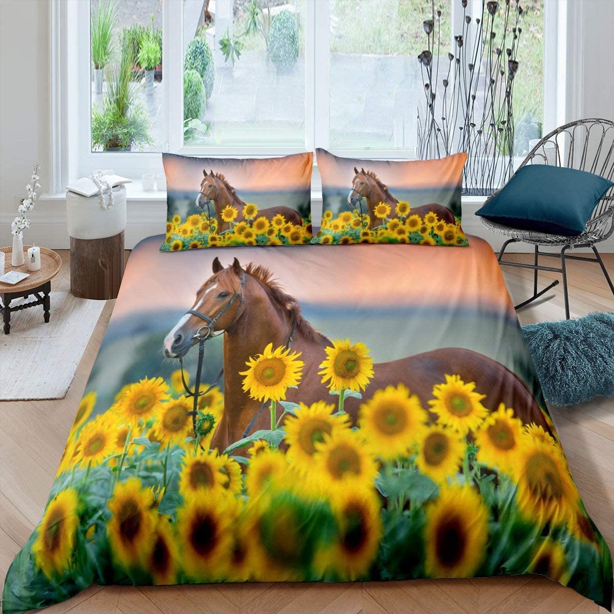 Price:$44.99  Horse Duvet Cover Full Size Sunflower Floral Comforter Cover Animal Bedding Set Natural Sunset Landscape Quilt Cover,Decorative 3 Pcs Bedding Set (1 Duvet Cover 2 Pillowcases) : Home & Kitchen