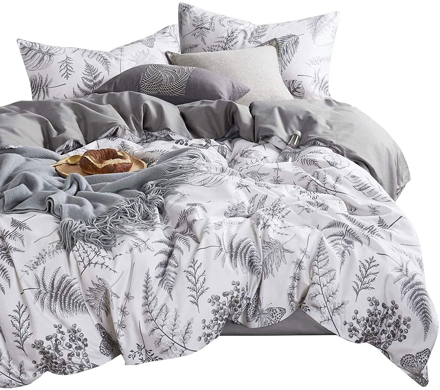 Price:$42.99  In Cloud - Botanical Duvet Cover Set, Plants Tree Leaves and Butterfly Pattern Printed in Black White Gray Grey, Soft Microfiber Bedding with Zipper Closure (3pcs, Queen Size) : Home & Kitchen