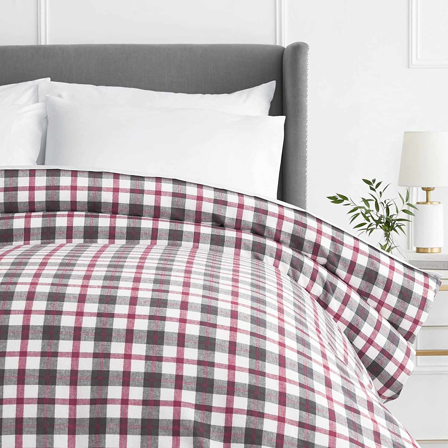 Price:$59.00  Brand – Pinzon 160-Gram Plaid Flannel Cotton Duvet Cover, Full / Queen, Red / Grey Plaid